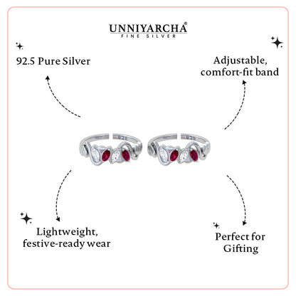 Pure 92.5 Silver Dual Stone Designer Toe Rings (Pair)