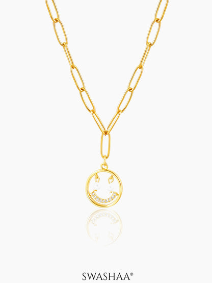 Abra Diamond Smirk Charm Link Chain 18K Gold Plated Chain Pendant Necklace