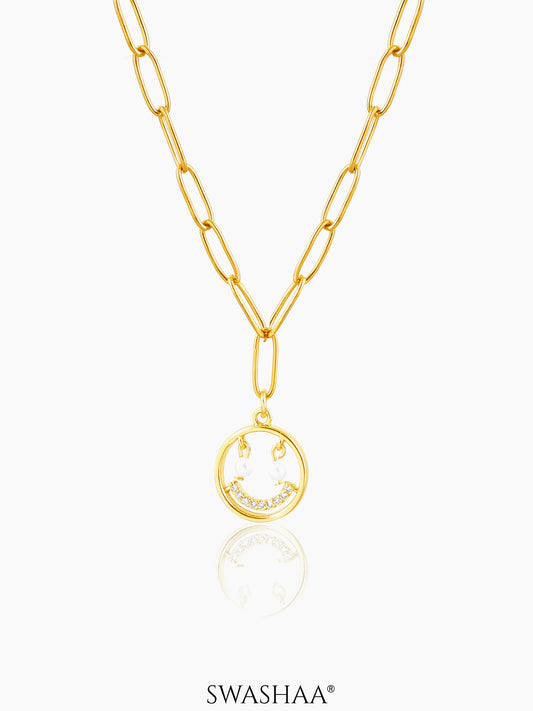 Abra Diamond Smirk Charm Link Chain 18K Gold Plated Chain Pendant Necklace