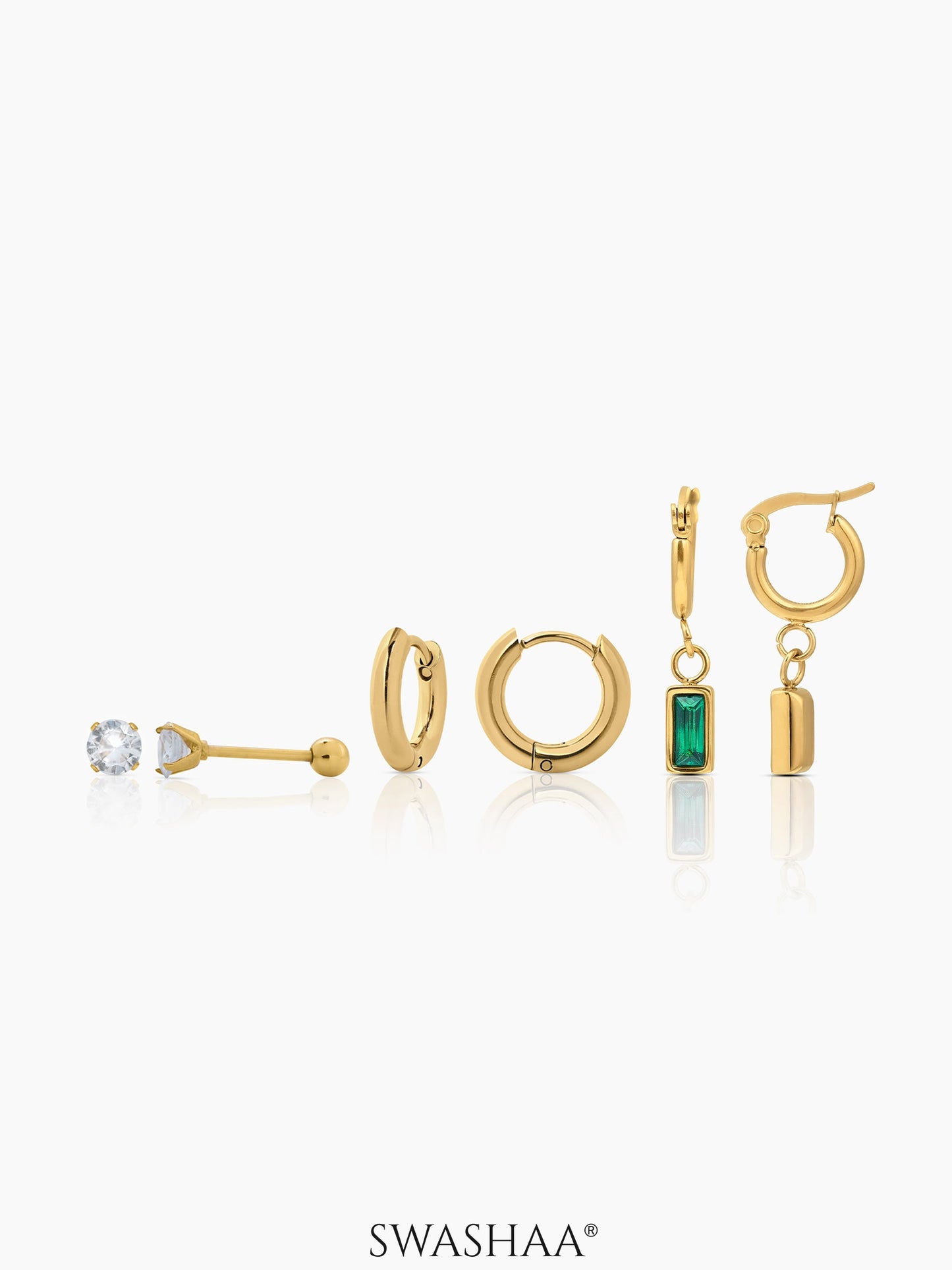 Alara Emerald Green Drop Charm Hoop 18K Gold Plated Earrings Set