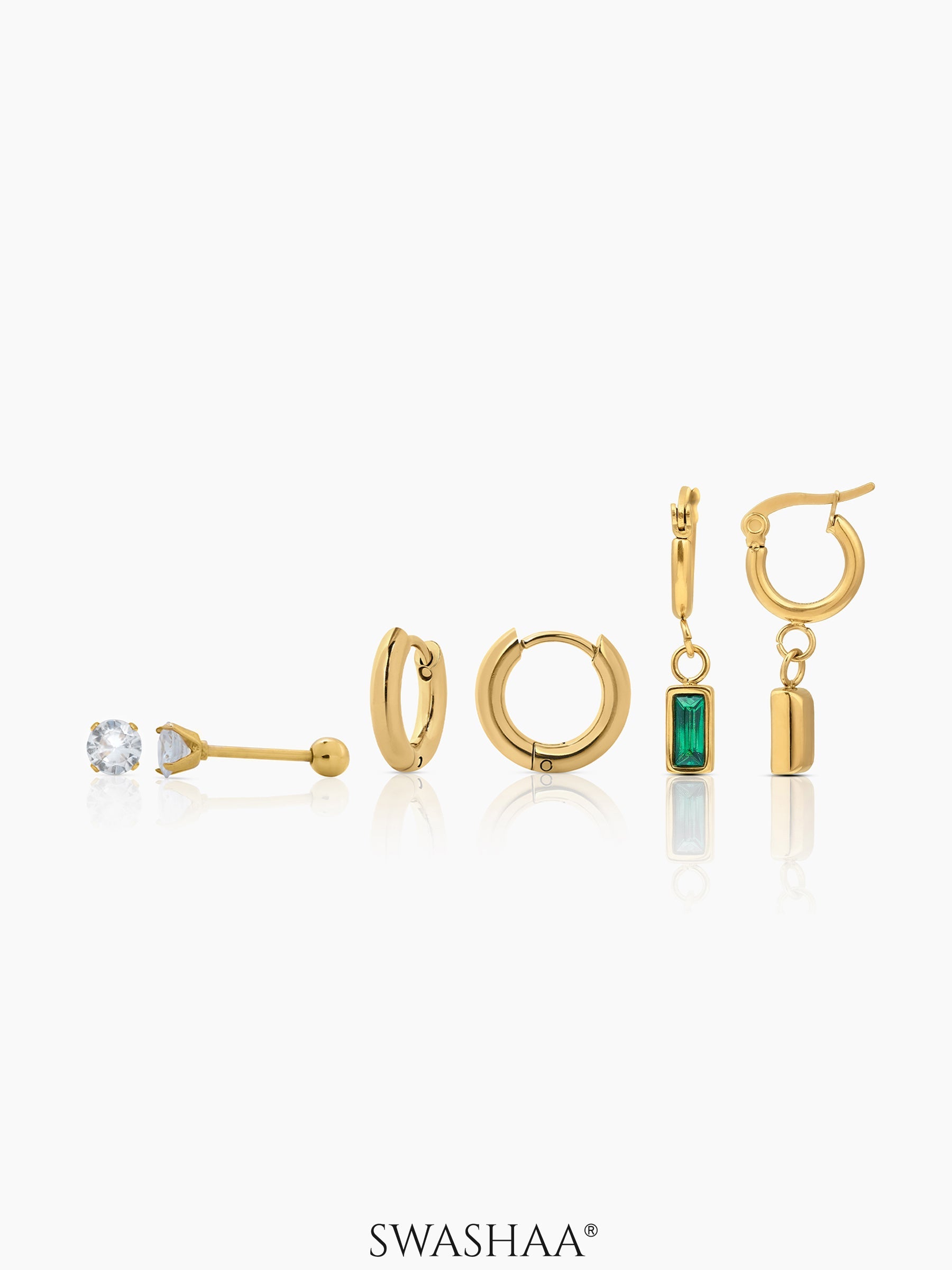 Alara Emerald Green Drop Charm Hoop 18K Gold Plated Earrings Set