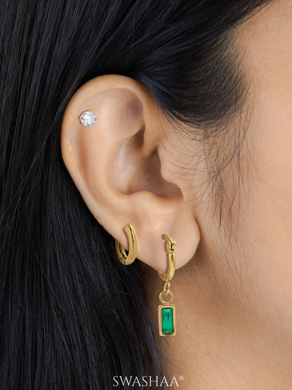 Alara Emerald Green Drop Charm Hoop 18K Gold Plated Earrings Set