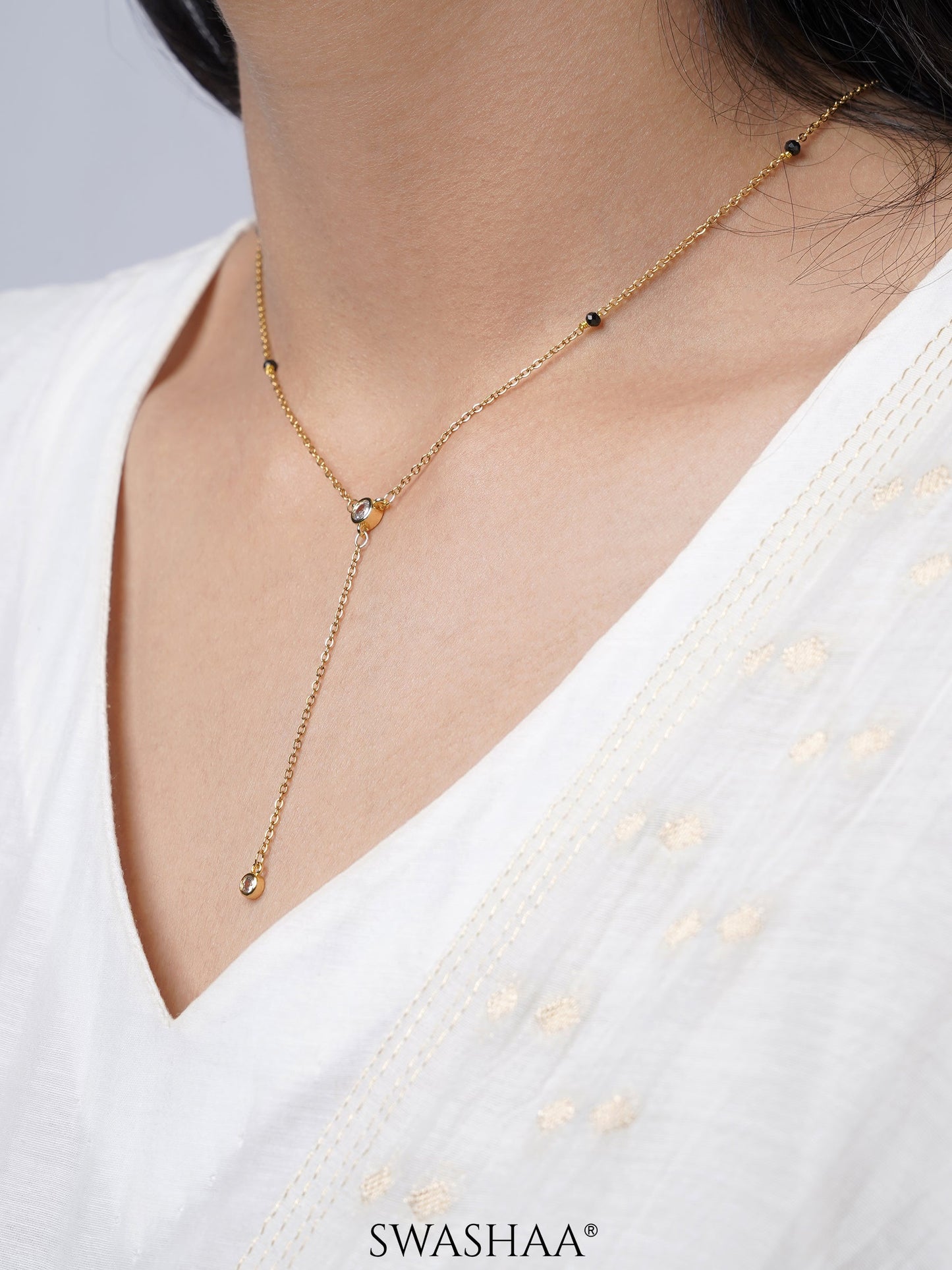 Aleeia Two Bezel Solitaire Y-Drop 18K Gold Plated Pendant Mangalsutra
