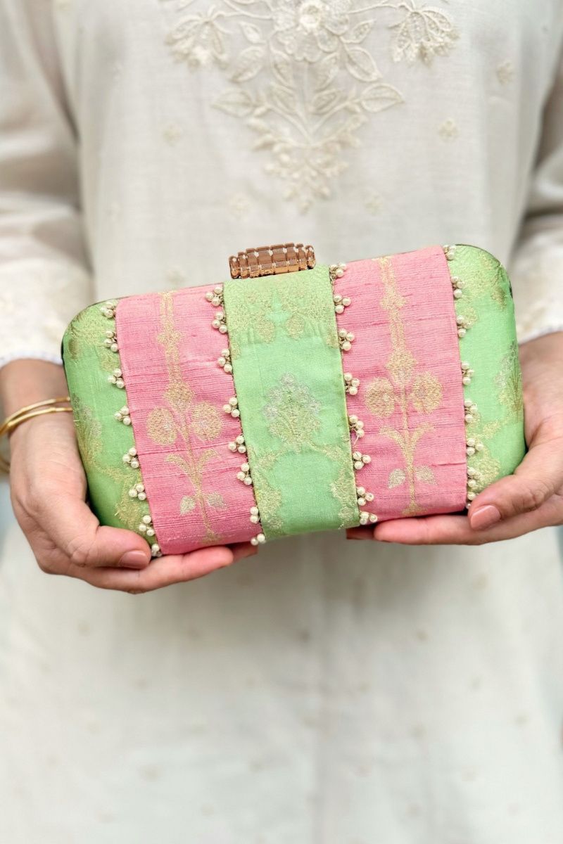 Alekha Pearl Embellished Silk Clutch - Pastel Pink & Green