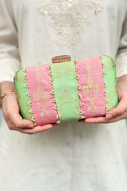 Alekha Pearl Embellished Silk Clutch - Pastel Pink & Green