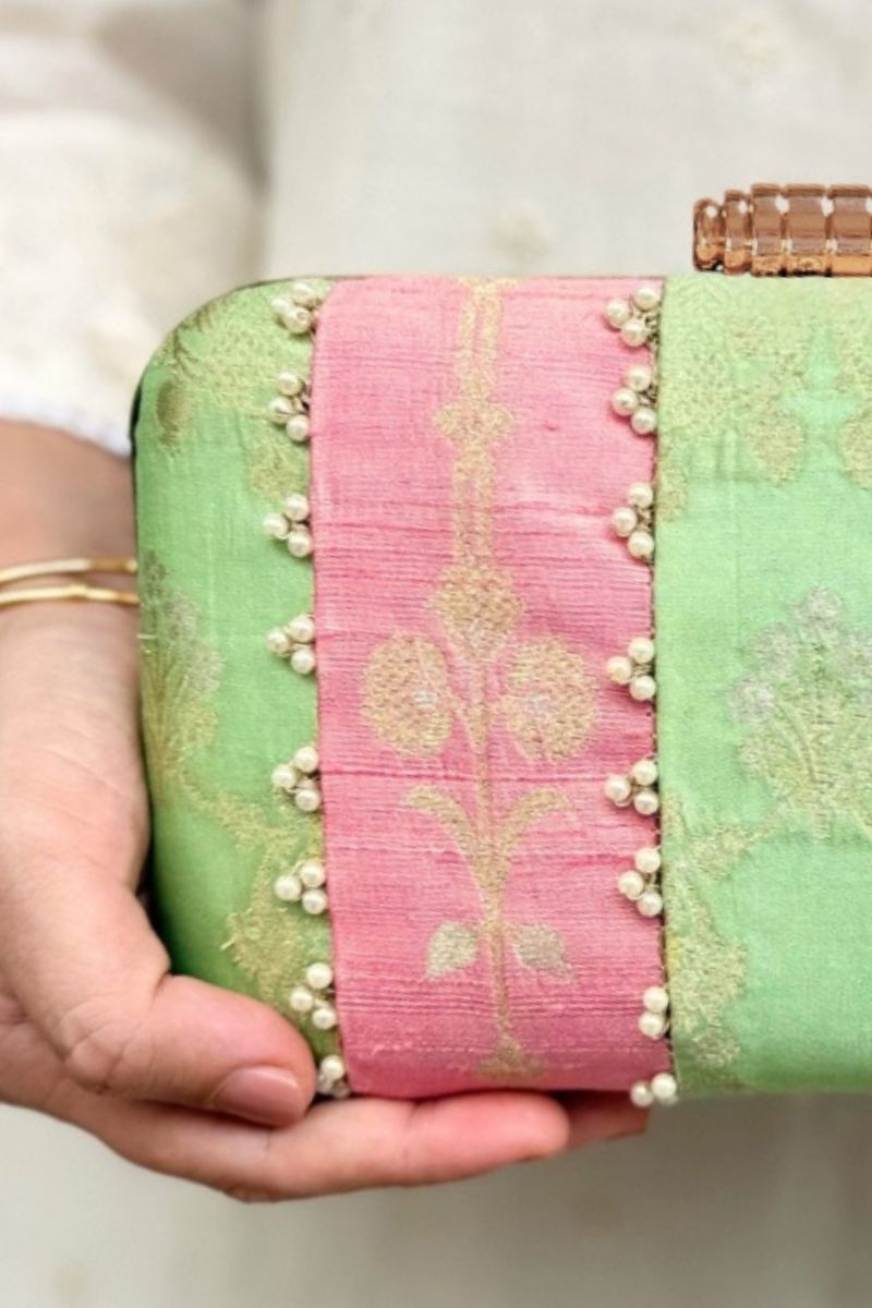 Alekha Pearl Embellished Silk Clutch - Pastel Pink & Green