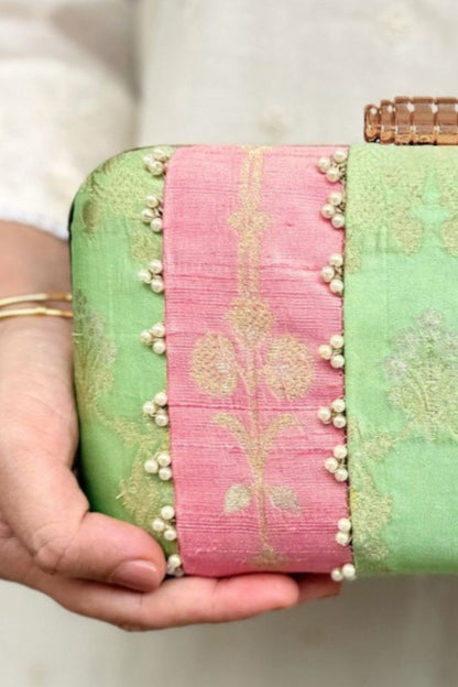 Alekha Pearl Embellished Silk Clutch - Pastel Pink & Green