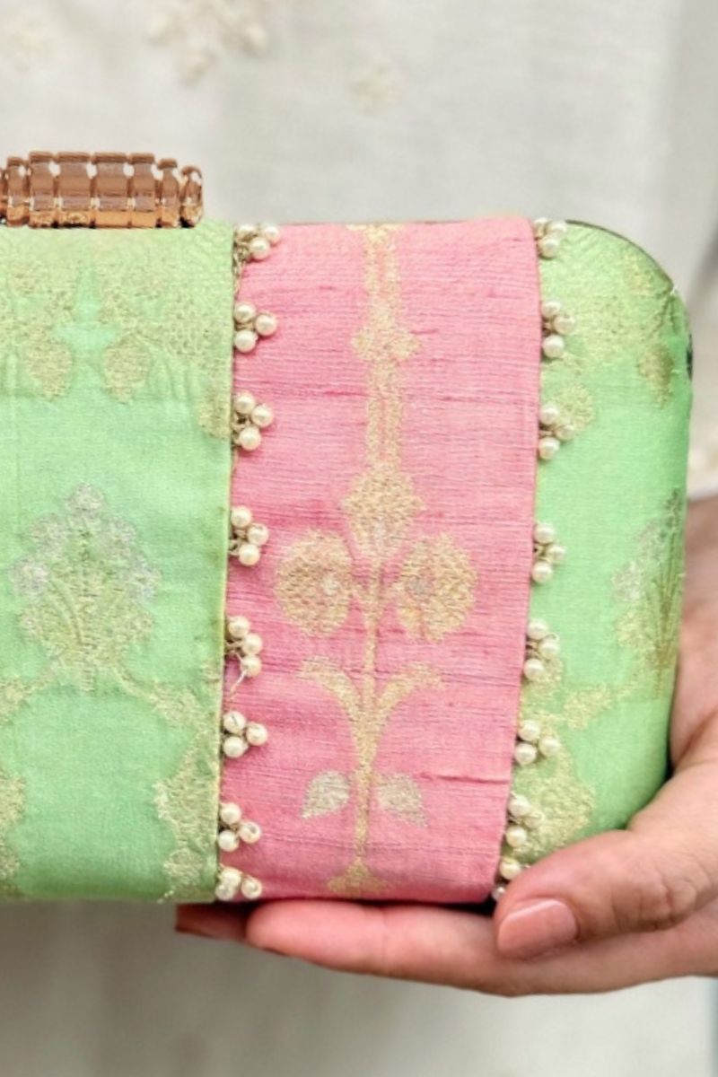 Alekha Pearl Embellished Silk Clutch - Pastel Pink & Green