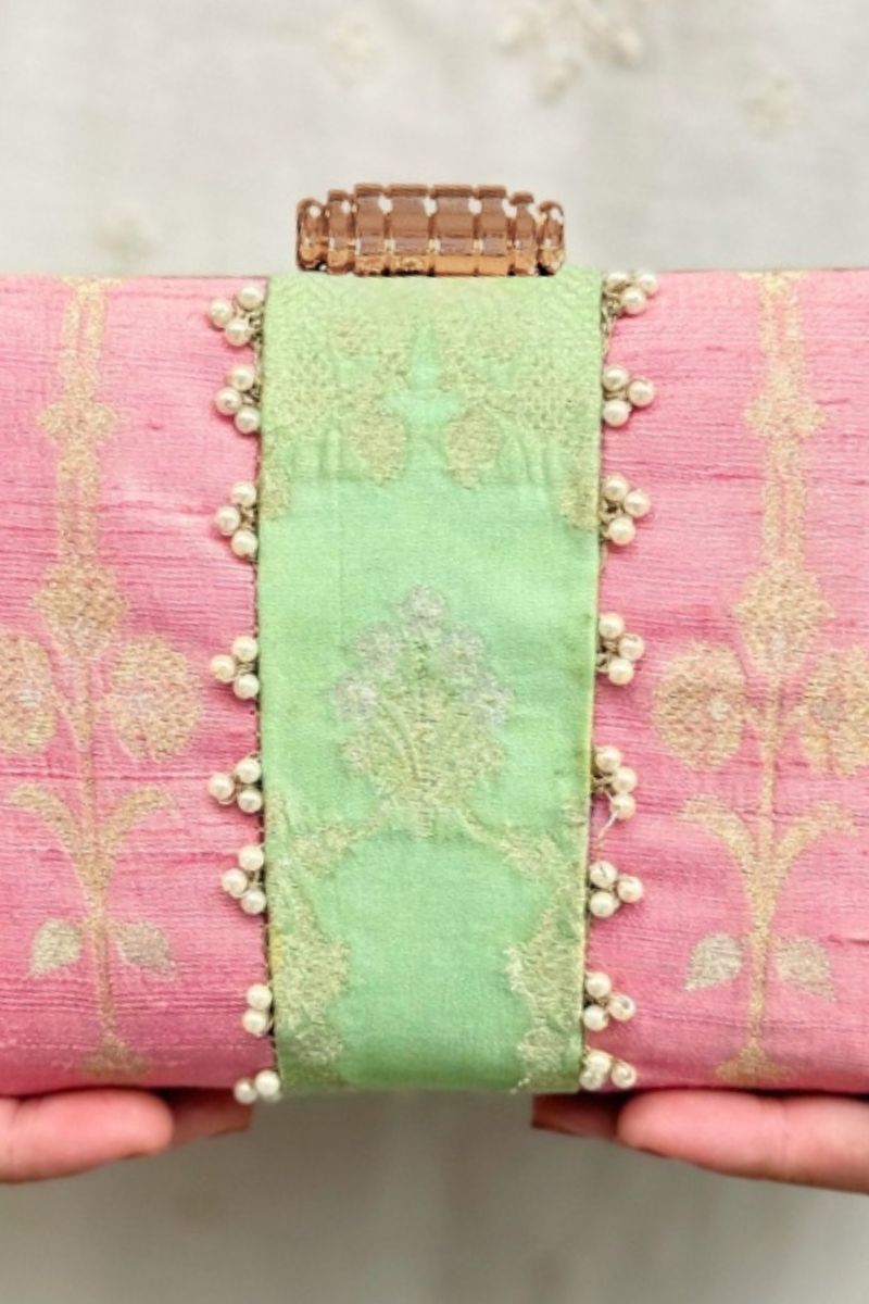 Alekha Pearl Embellished Silk Clutch - Pastel Pink & Green