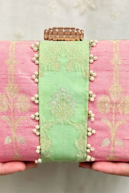 Alekha Pearl Embellished Silk Clutch - Pastel Pink & Green