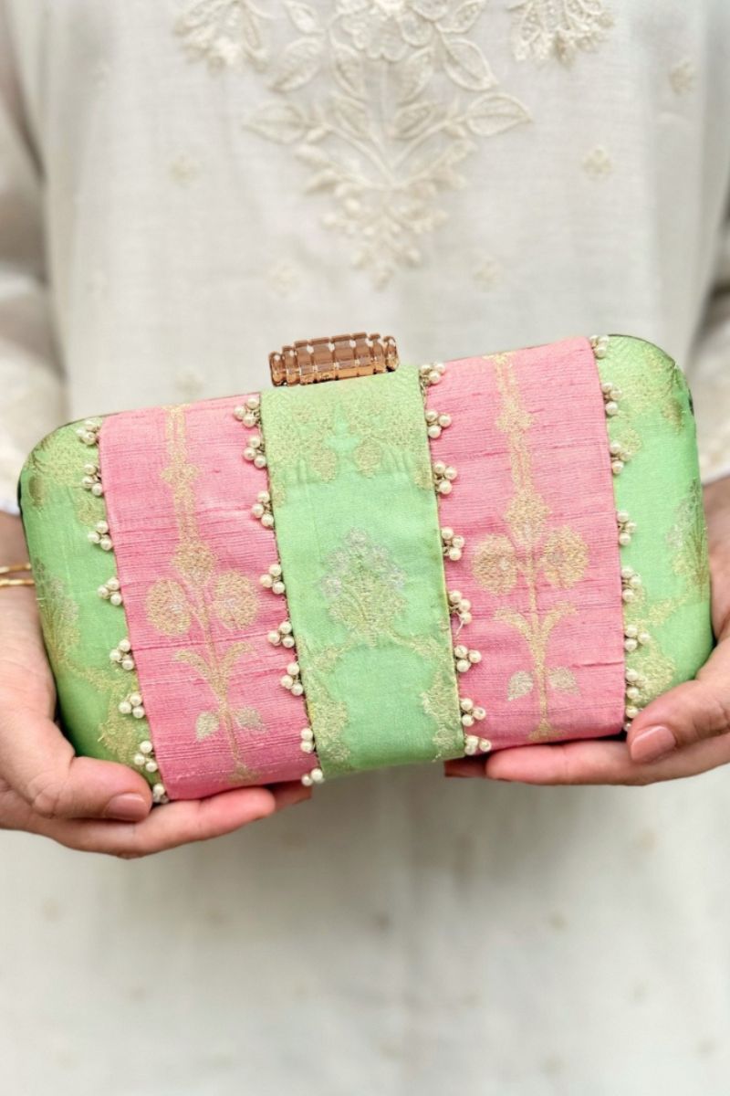 Alekha Pearl Embellished Silk Clutch - Pastel Pink & Green