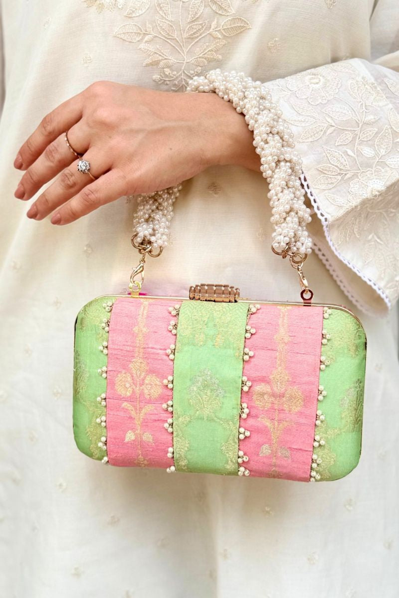 Alekha Pearl Embellished Silk Clutch - Pastel Pink & Green