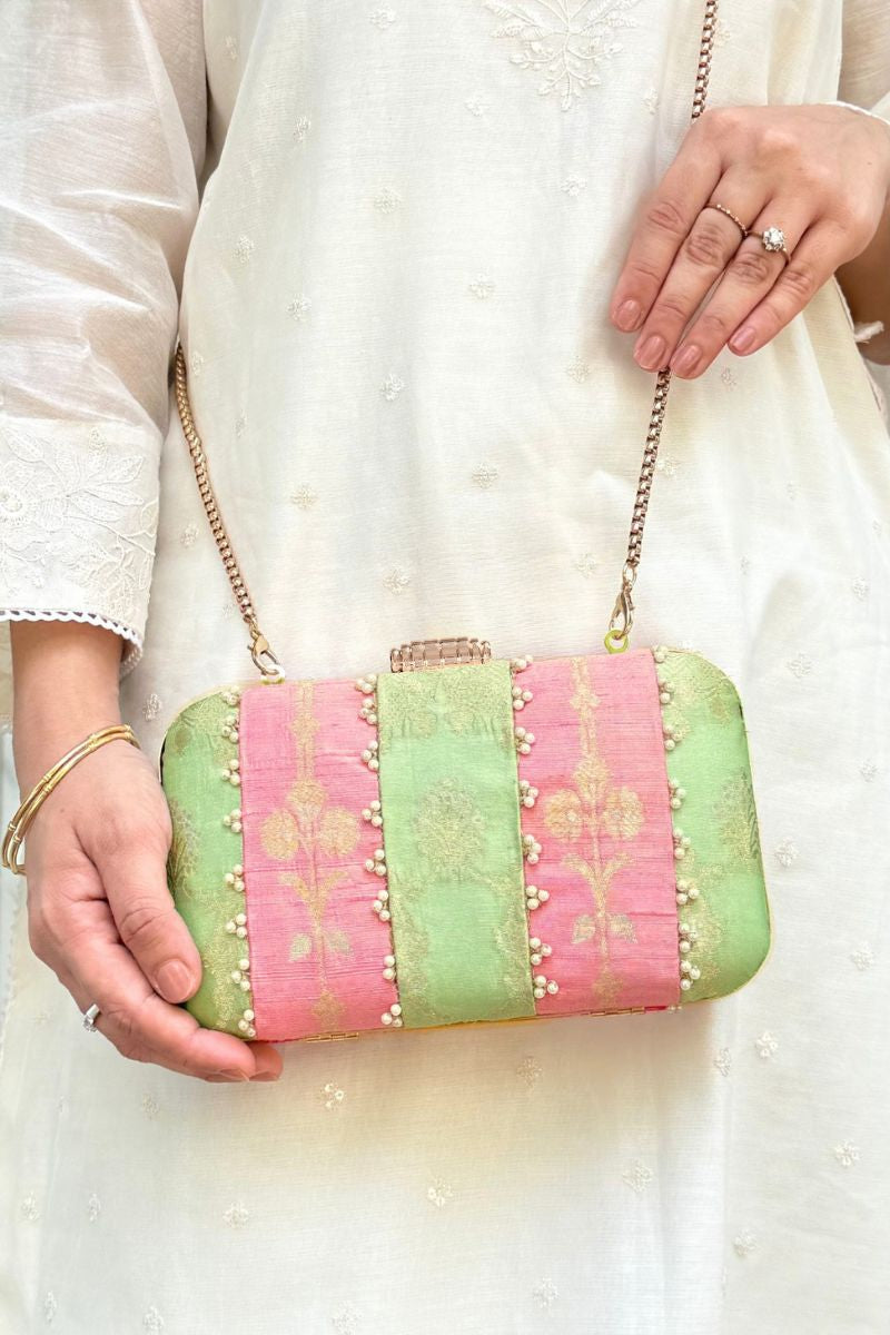 Alekha Pearl Embellished Silk Clutch - Pastel Pink & Green