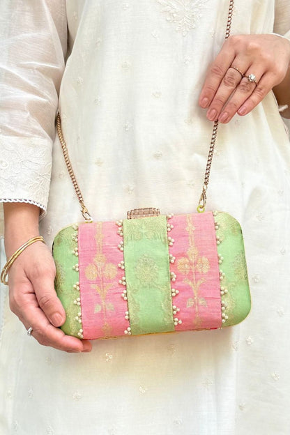 Alekha Pearl Embellished Silk Clutch - Pastel Pink & Green