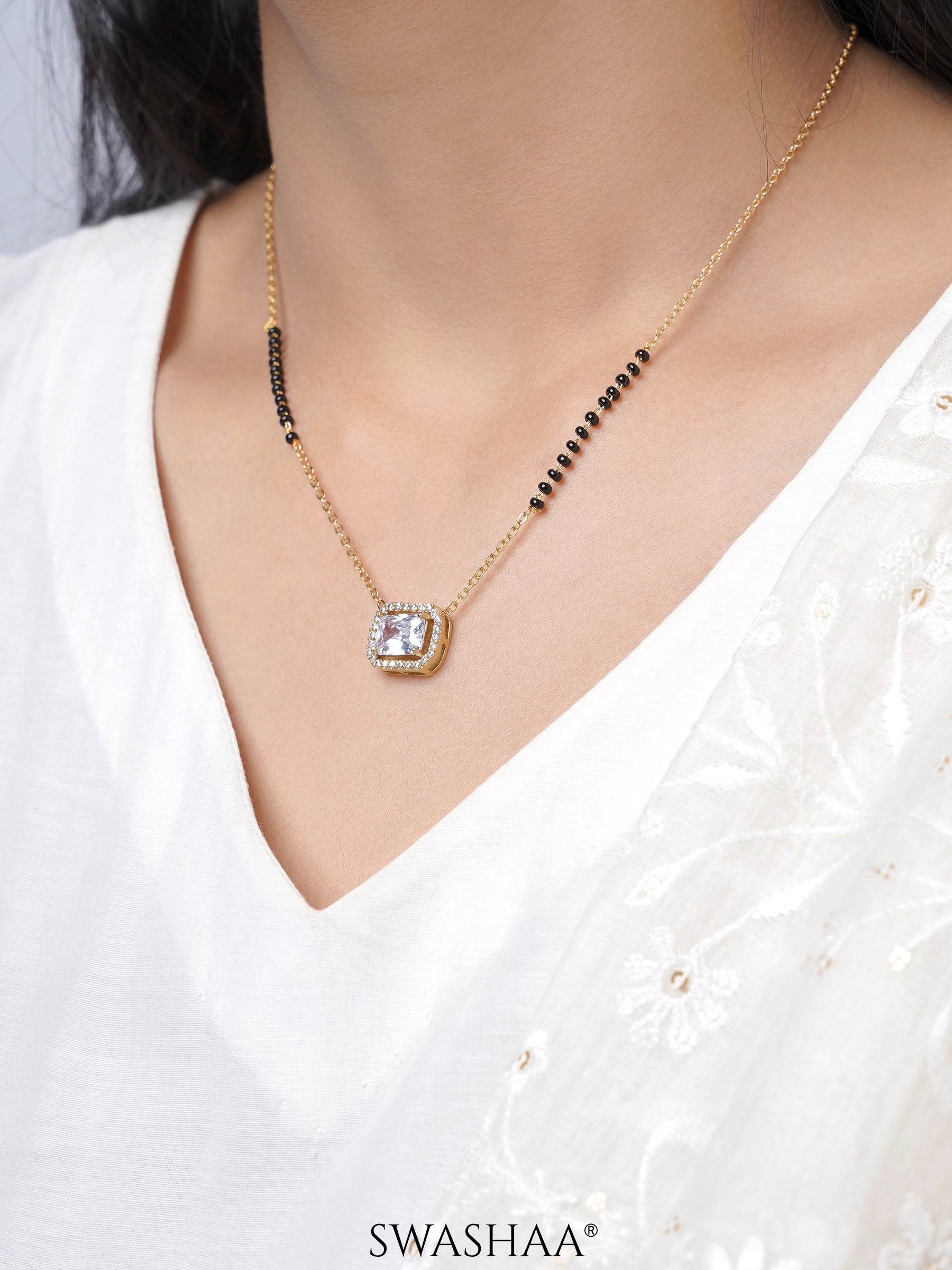 Anisa Diamond Rectangle Solitaire Halo 18K Gold Plated Mangalsutra