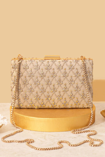 AMYRA - Anya Embroidered Box Clutch - Gold