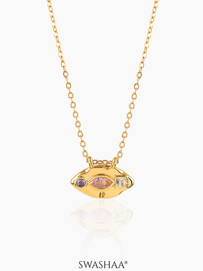 Astra Eye Pink Purple Stones Charm 18K Gold Plated Chain Pendant Necklace