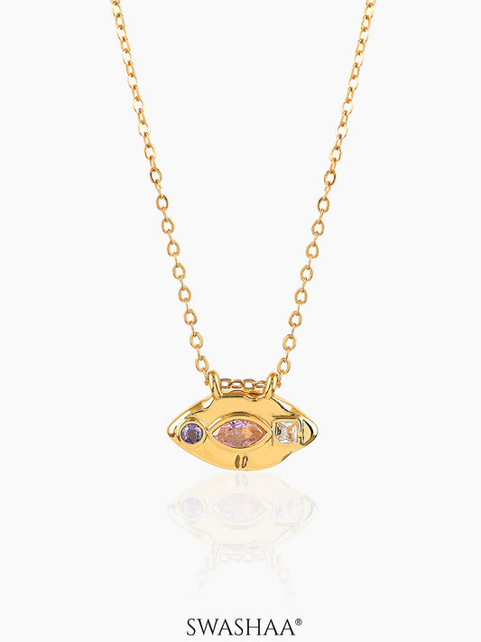 Astra Eye Pink Purple Stones Charm 18K Gold Plated Chain Pendant Necklace