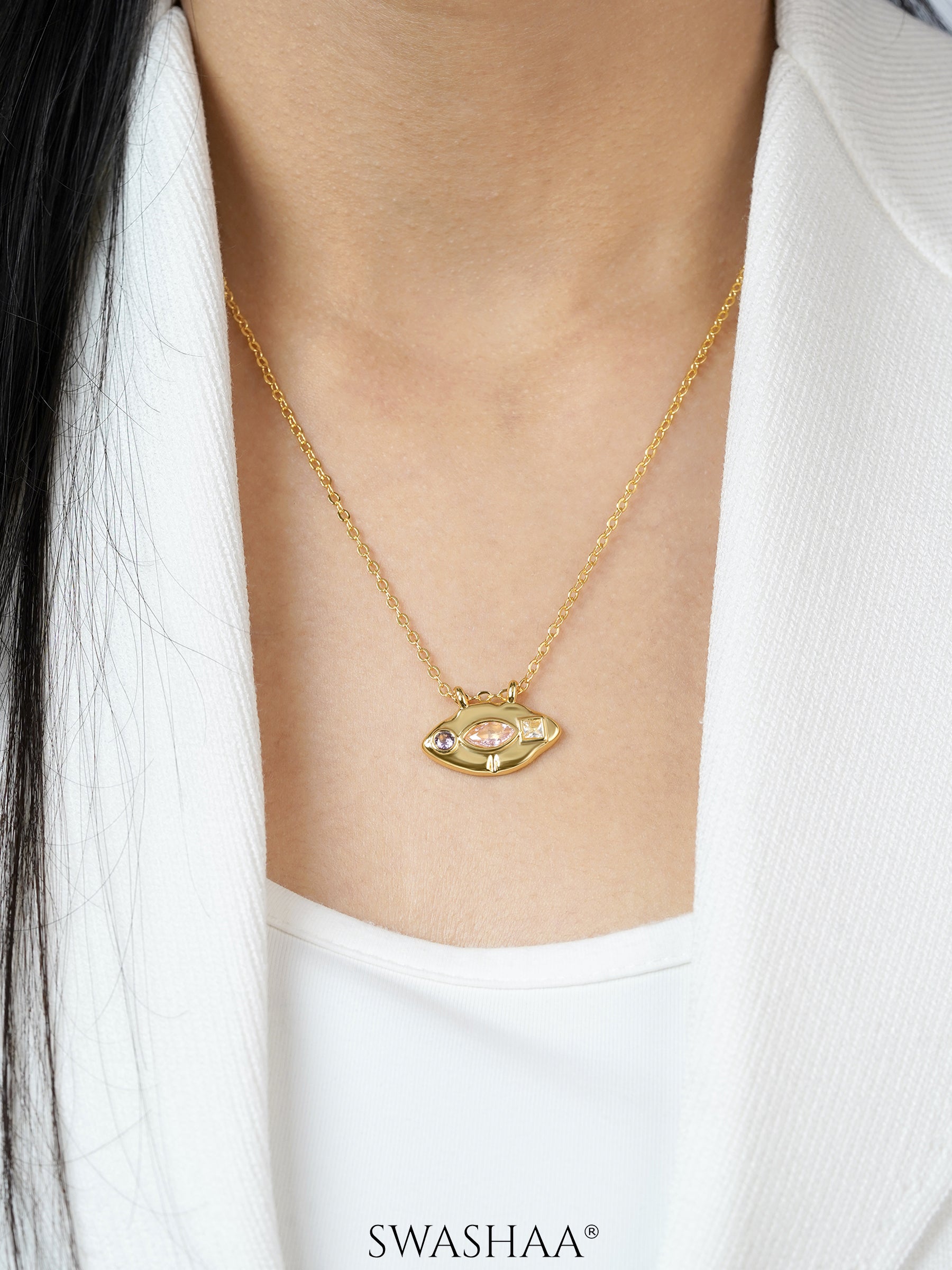 Astra Eye Pink Purple Stones Charm 18K Gold Plated Chain Pendant Necklace