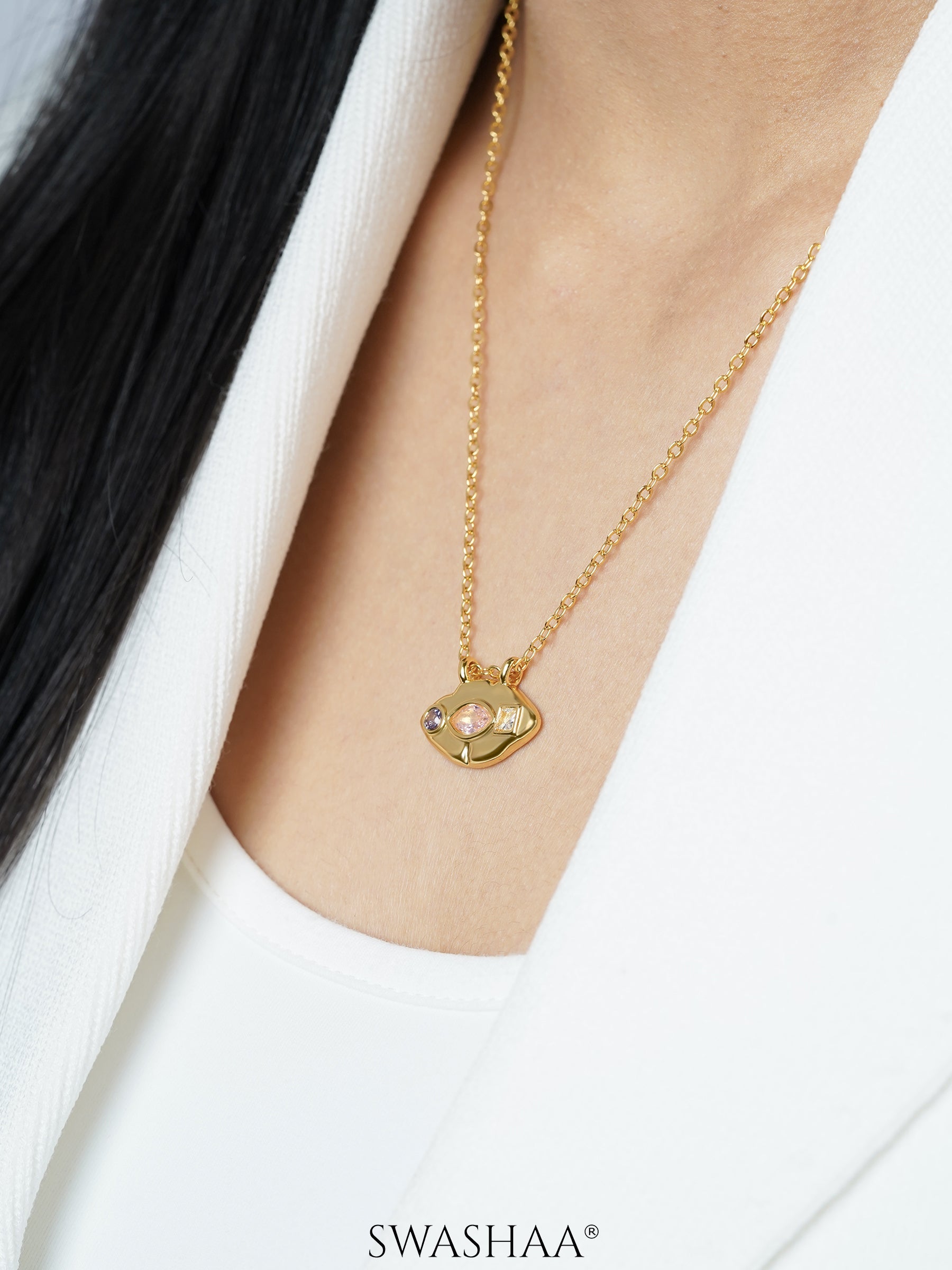 Astra Eye Pink Purple Stones Charm 18K Gold Plated Chain Pendant Necklace
