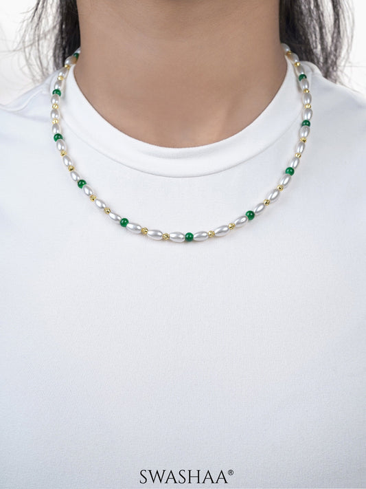 Aurel White Oval Pearl Green Round Beads 18K Gold Plated Women's Chain