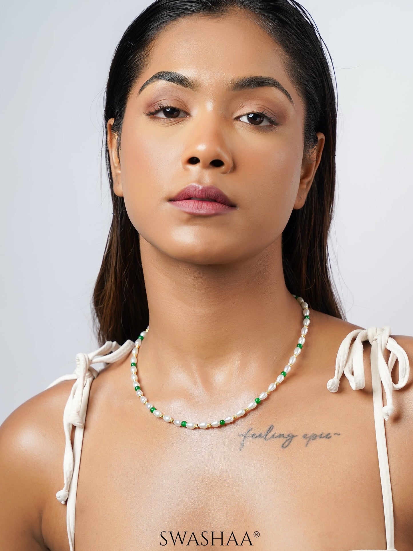 Aurel White Oval Pearl Green Gold Beads 18K Gold Plated Women's Chain