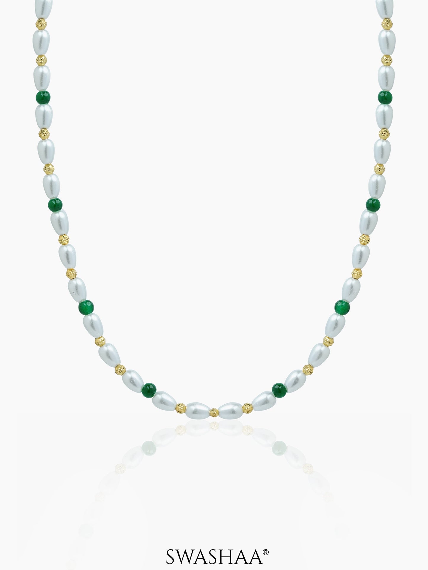 Aurel White Oval Pearl Green Round Beads 18K Gold Plated Women's Chain