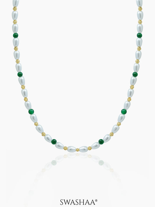 Aurel White Oval Pearl Green Round Beads 18K Gold Plated Women's Chain