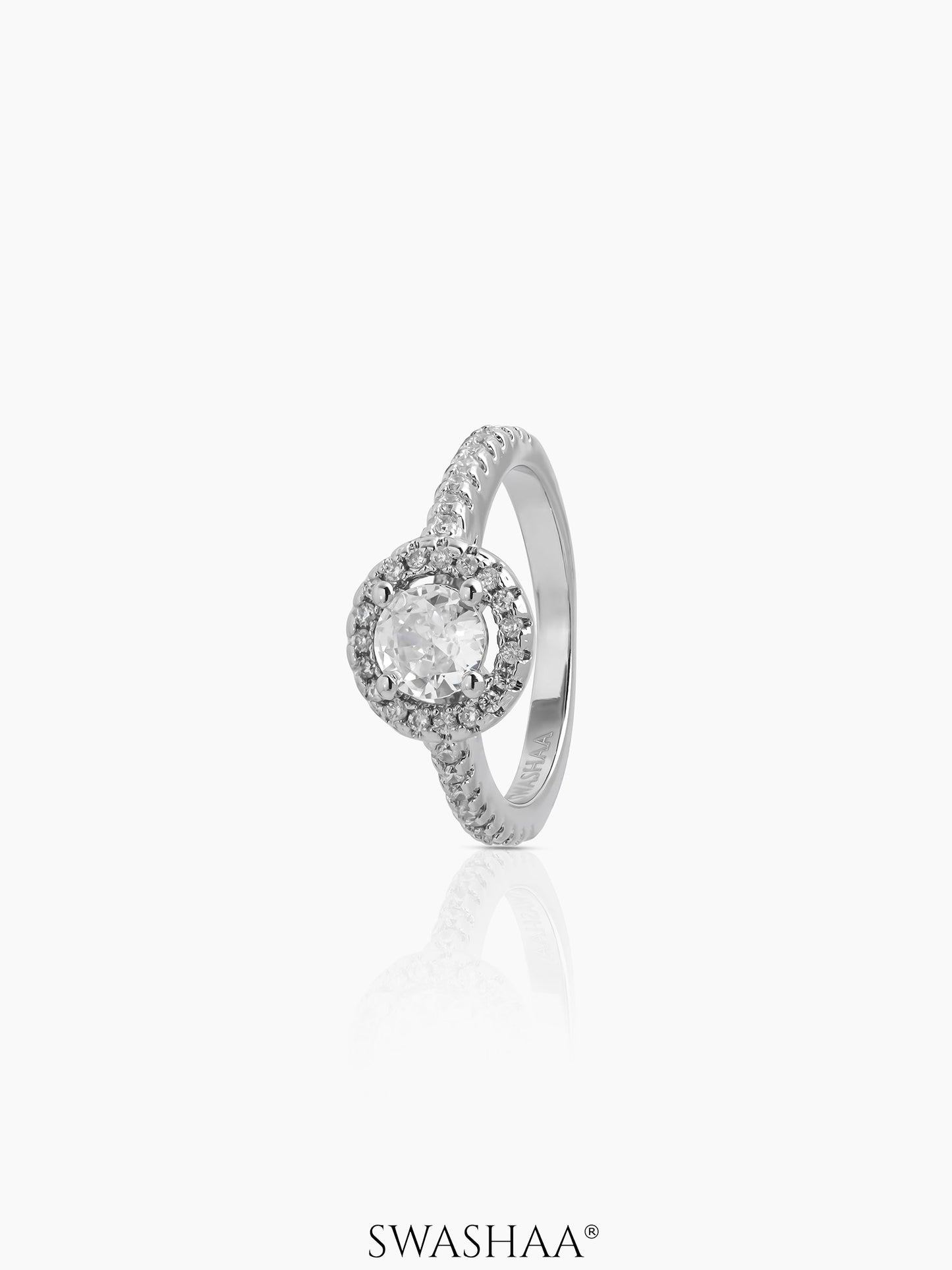 Aviora Slim Band Crystal Silver Diamond Solitaire Women's Ring