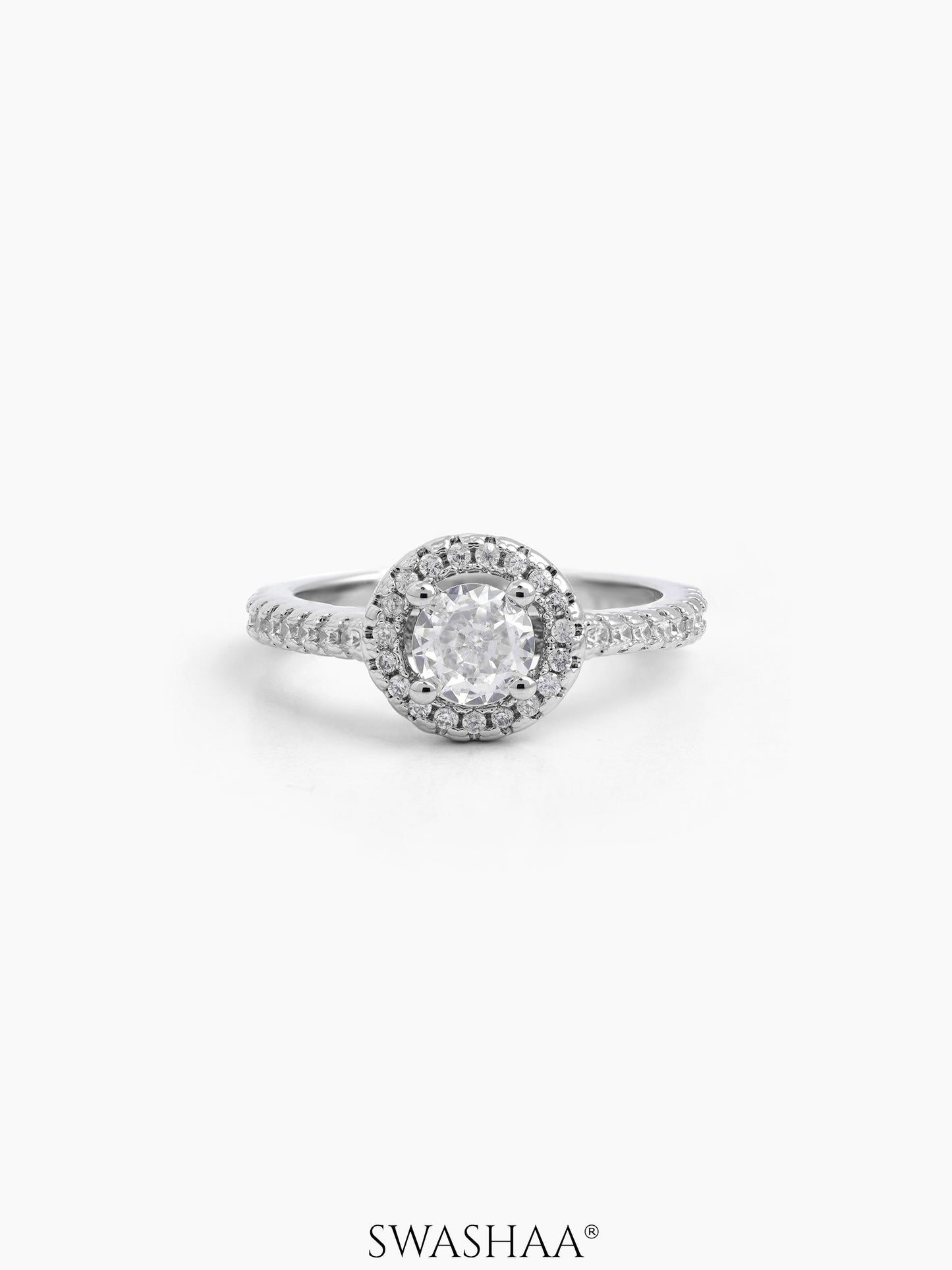 Aviora Slim Band Crystal Silver Diamond Solitaire Women's Ring