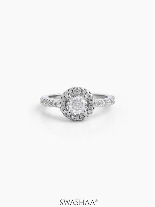 Aviora Slim Band Crystal Silver Diamond Solitaire Women's Ring