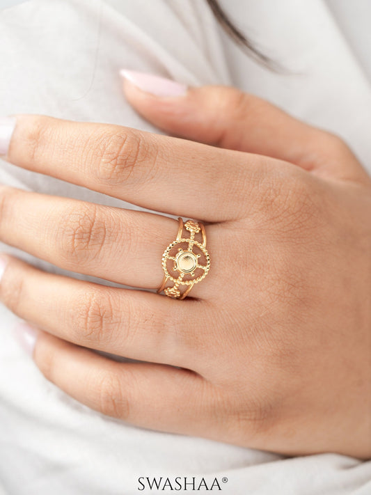 Aza Triple Band Dotted Wheel Motif 18K Gold Plated Ring