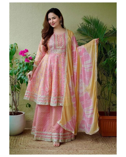Beautiful Digital print with Embroidery lace work Anarkali Kurti with Sharara Dupatta Set ( Stitched) - Premium  from Ethenika.com - Just INR 2590! Shop now at Ethenika.com 