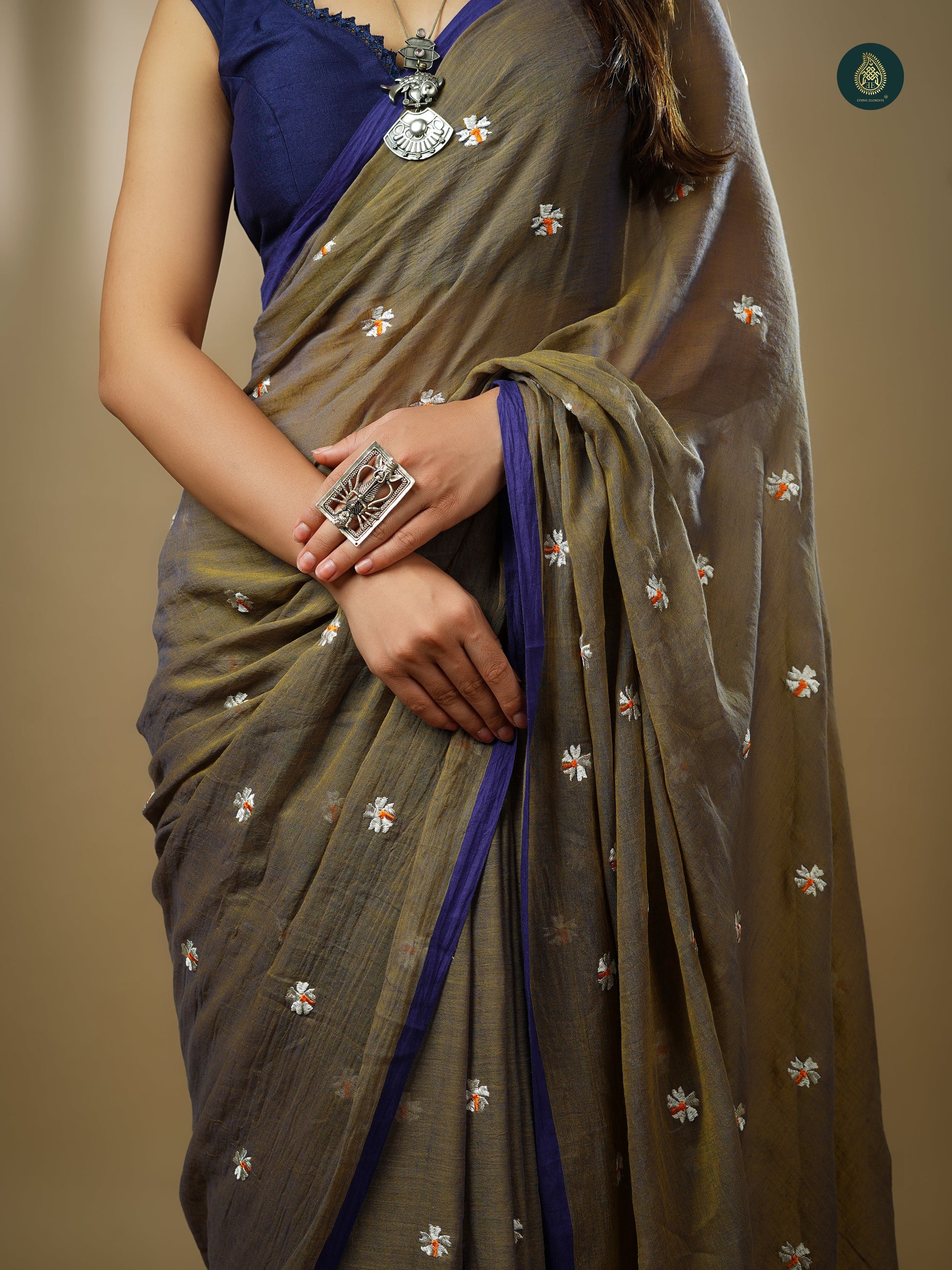 Mul Cotton Embroidered Saree - Shiuli Olive