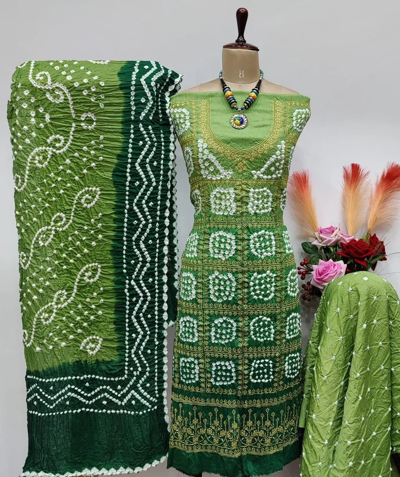 Cotton Satin Golden Thread Embroidery 3pc Kutch Bandhani Salwar Dress Material - Premium  from Ethenika.com - Just INR 2190! Shop now at Ethenika.com 