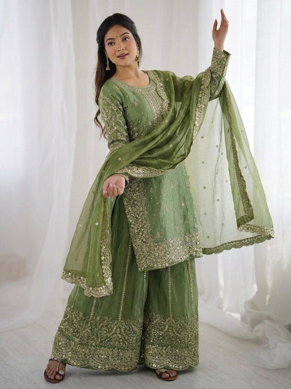 Fendi Silk Embroidery Work Designer Kurti Sharara Dupatta Set
