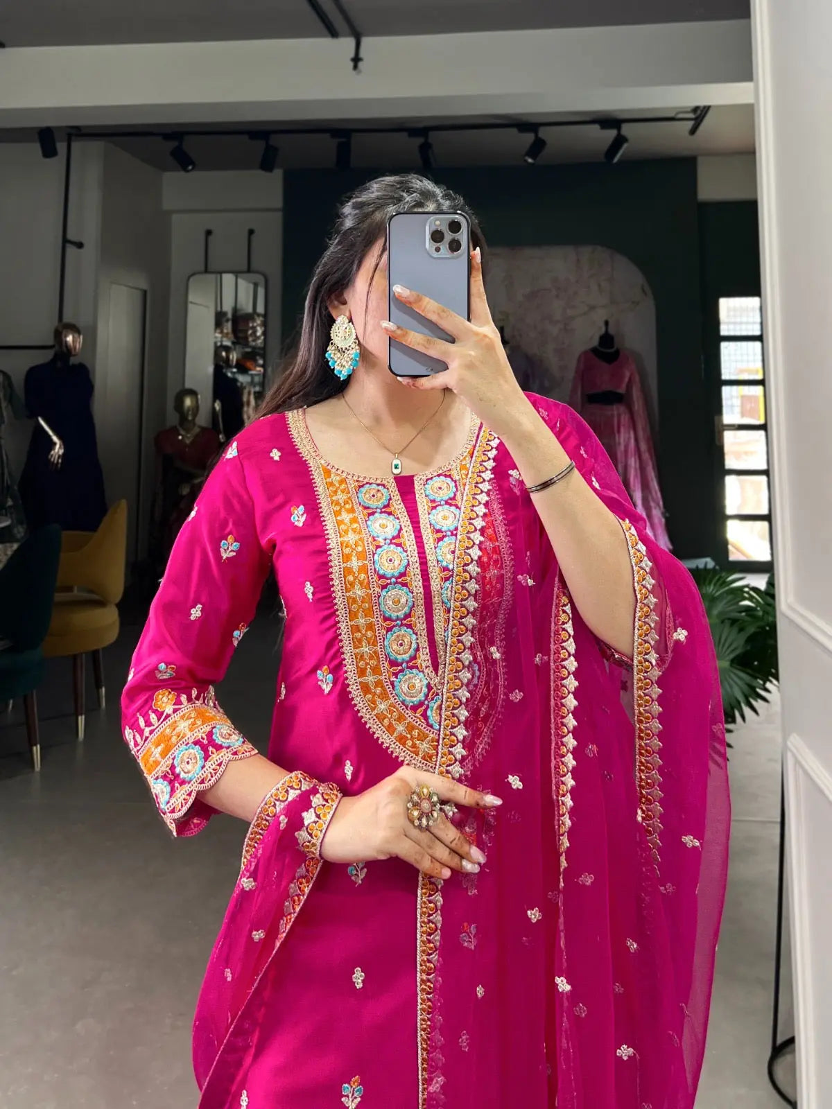 Ethenika Silk Sequence Embroidery Work Kurti Sharara Dupatta Set (Stitched) - Premium  from Ethenika.com  - Just INR 4990! Shop now at Ethenika.com 