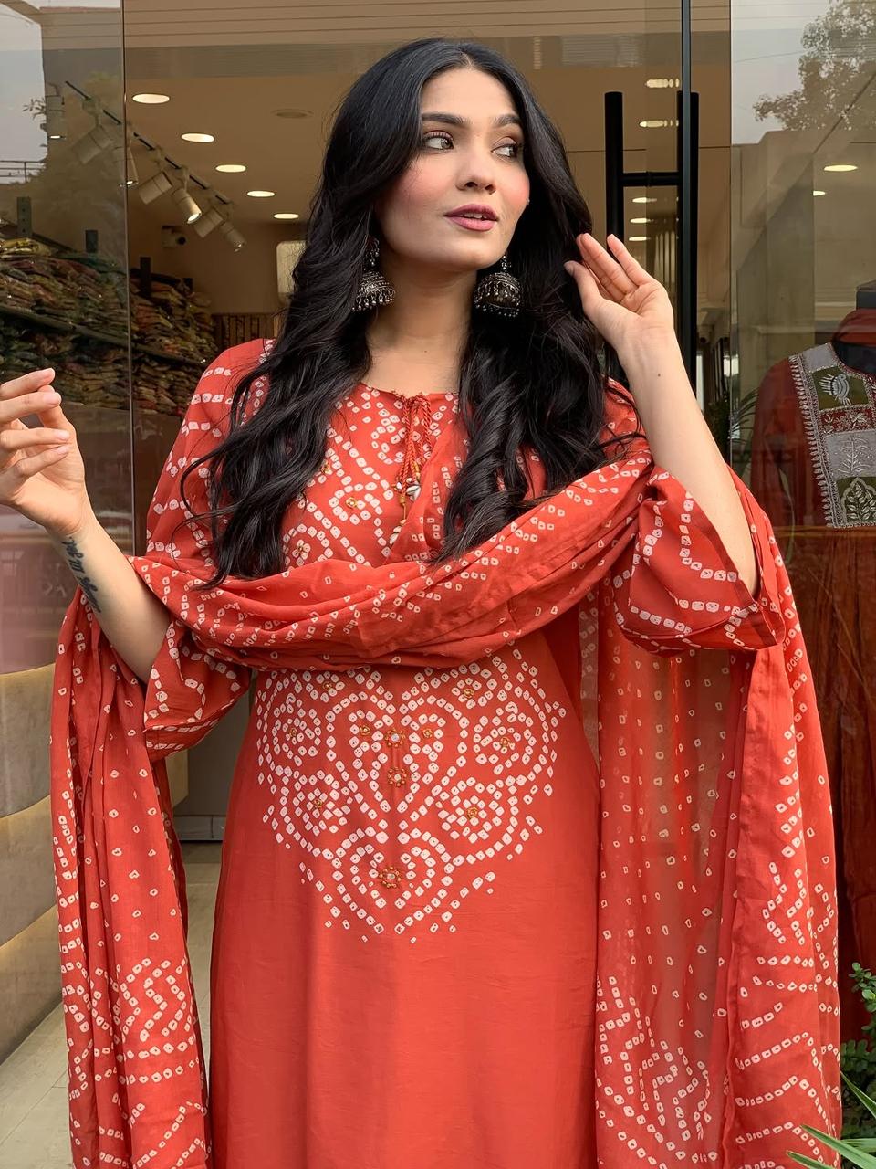 Ethenika Trending Mirror Work Bandhani 3Pc Kurti Pant Dupatta Set