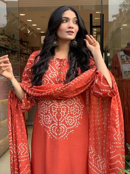 Ethenika Trending Mirror Work Bandhani 3Pc Kurti Pant Dupatta Set