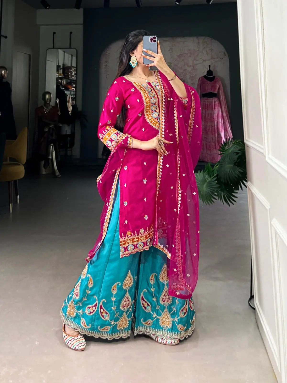 Ethenika Silk Sequence Embroidery Work Kurti Sharara Dupatta Set (Stitched) - Premium  from Ethenika.com  - Just INR 4990! Shop now at Ethenika.com 