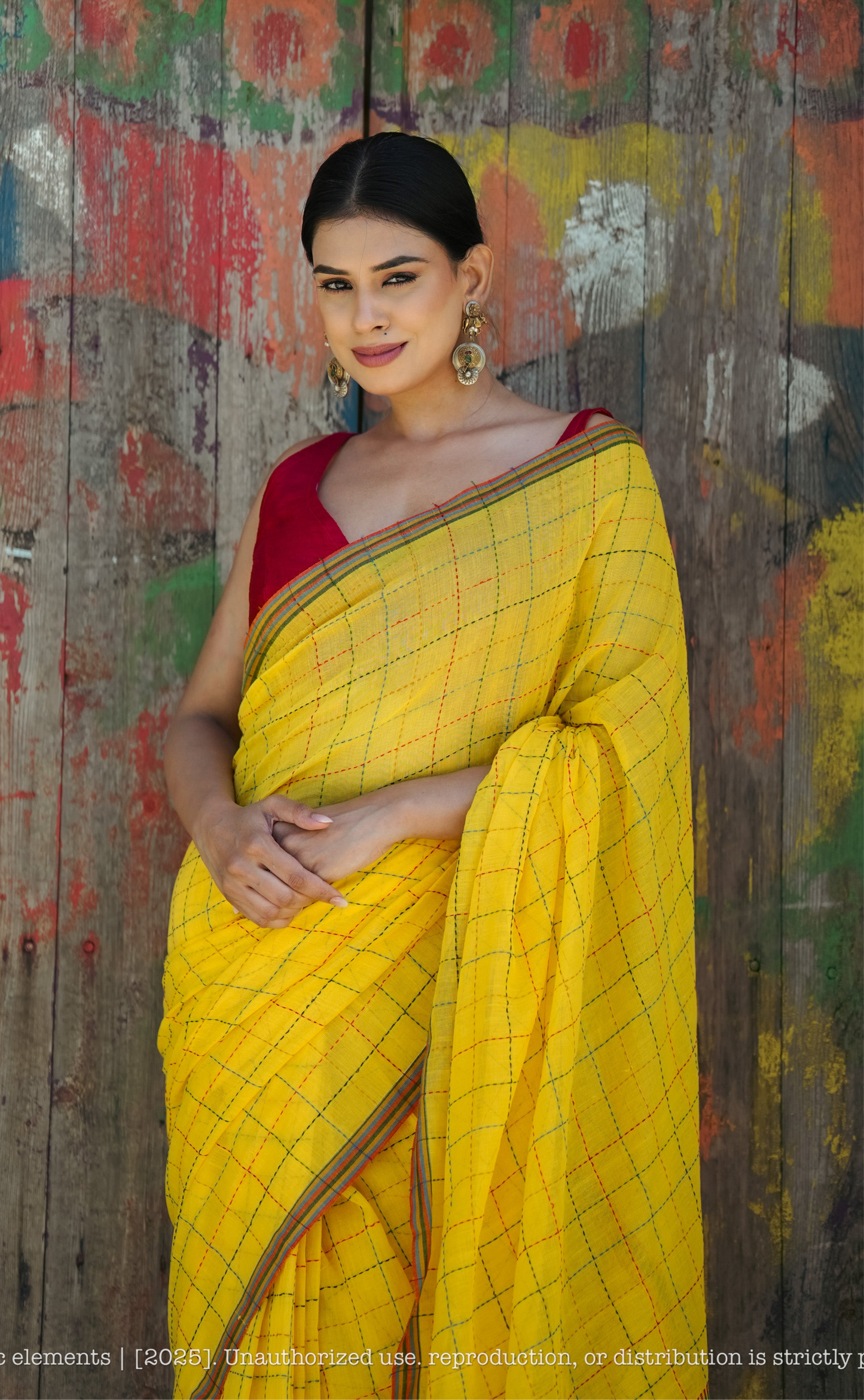 Chandani Yellow Checks Mul Cotton Saree with Hand Kantha Work