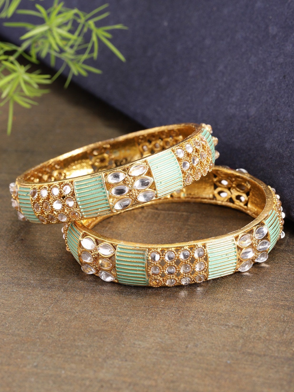 Set of 2 Gold-Plated Kundan Studded Meenakari Bangles in Mint Green Color