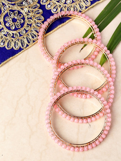 Set Of 4 Gold-Plated Pink Beaded Bangles