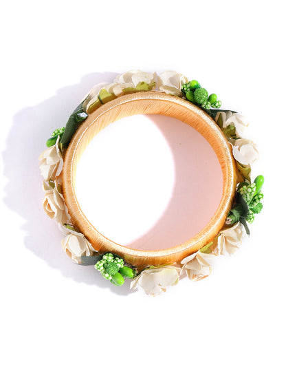 Set Of 18 Floral Handcrafted Silk Threaded Bangles For Mehandi in Peach And Green Color