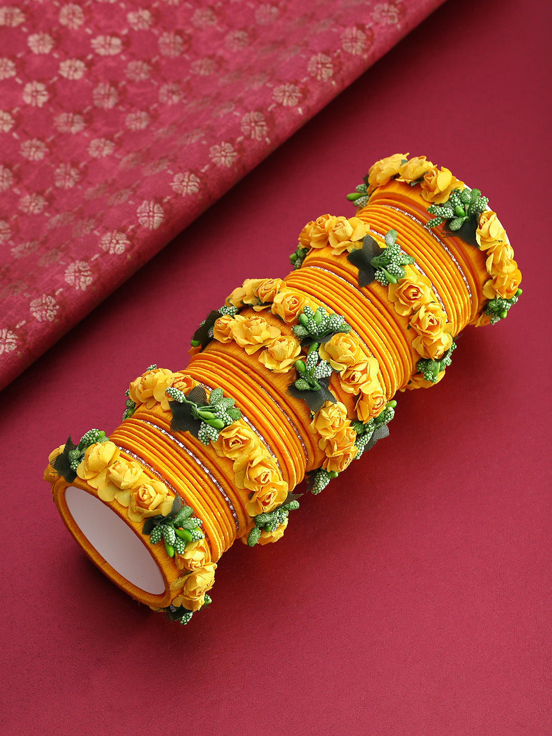 Set Of 46 Floral Design Yellow Colour Silk Thread Wound Bangle Set