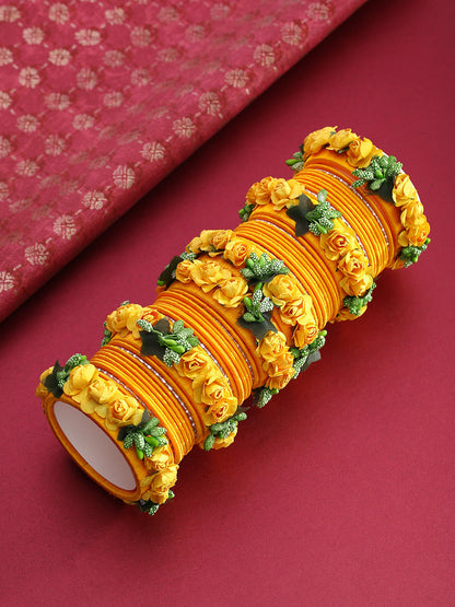 Set Of 46 Floral Design Yellow Colour Silk Thread Wound Bangle Set