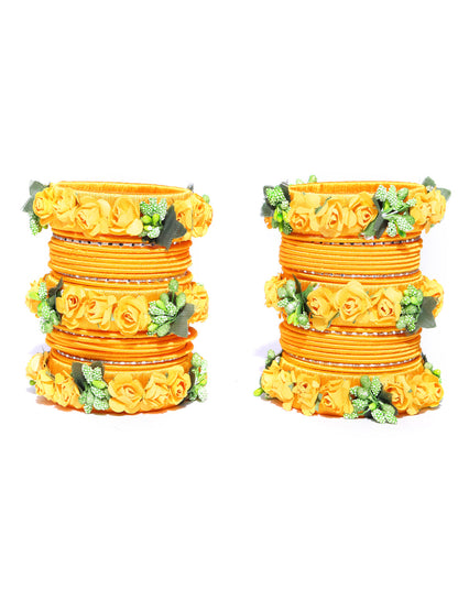 Set Of 46 Floral Design Yellow Colour Silk Thread Wound Bangle Set