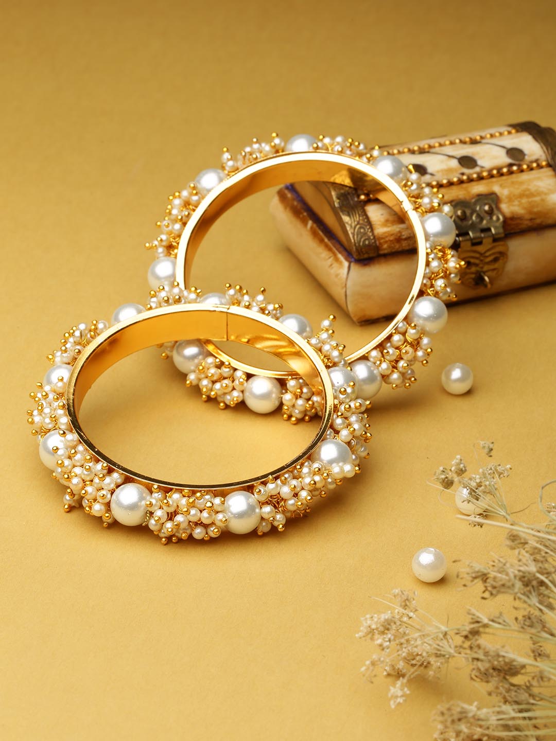 Set Of 2 Gold-Plated Pearls Studded Bangles