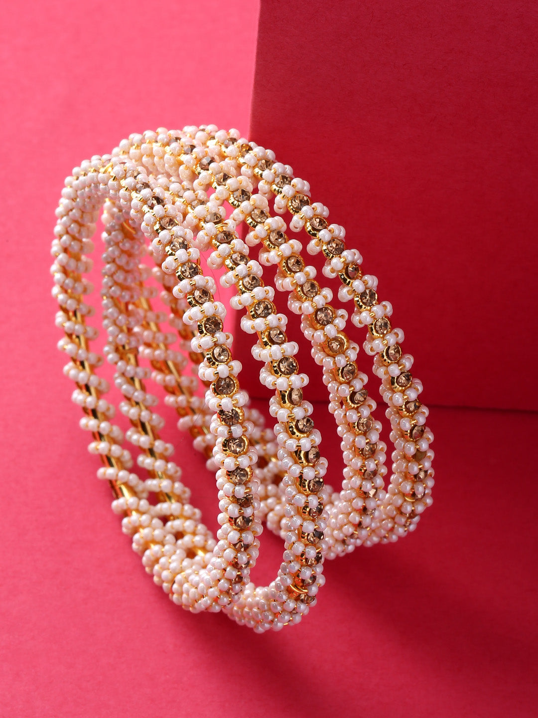 Set Of 4 Gold-Plated White Beaded Bangles