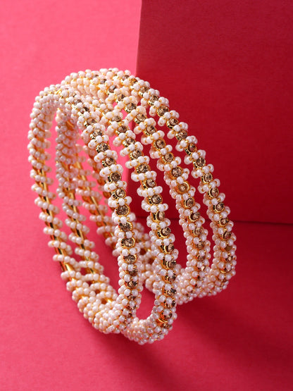 Set Of 4 Gold-Plated White Beaded Bangles